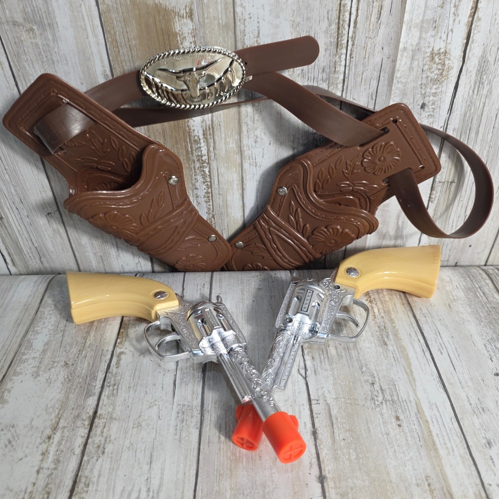 Western Cowboy Toy Pistol Set Dual Holsters Belt Brown Silver Longhorn Buckle